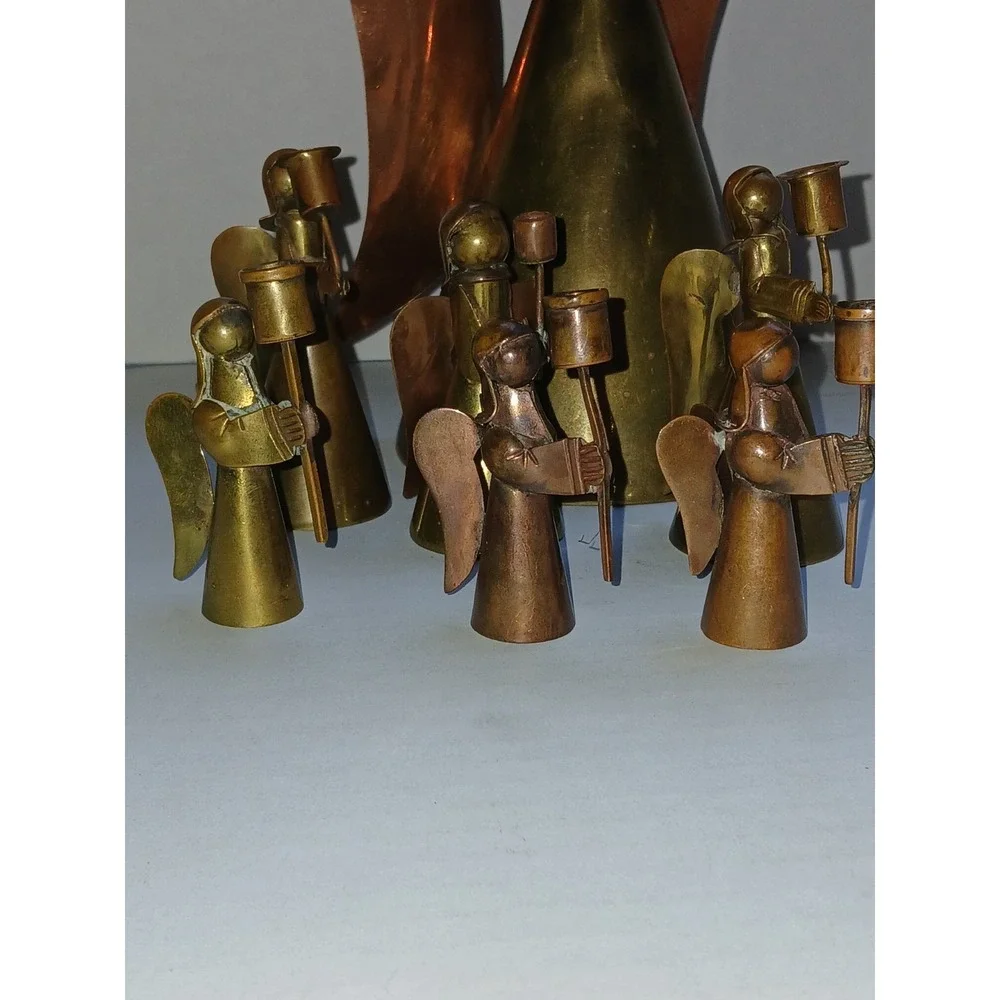 7  Vintage Rustic Copper & Brass Angel Candle Holder Set‎ Mexico Christmas Decor